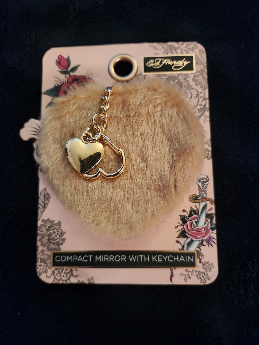Ed Hardy Gold-Tone Heart Keychain with Beige Faux Fur Heart